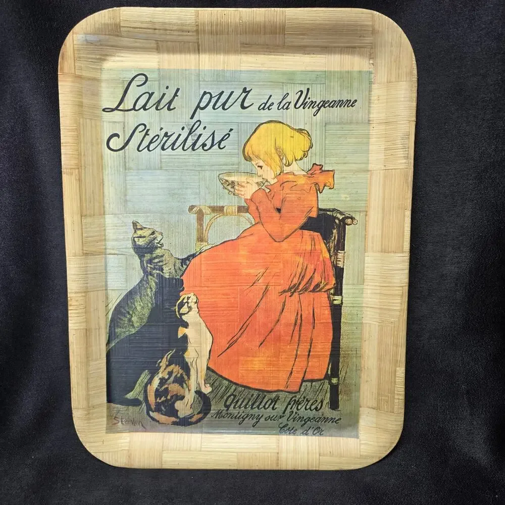 Lait Pur Sterilise De La Binganne Girl Drinking Milk & Cats Bamboo Wood Tray